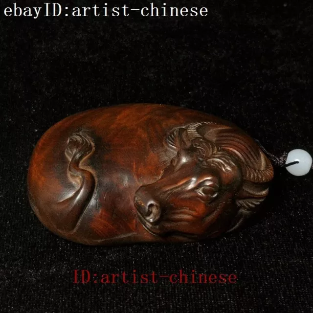 L 2.8 inch Chinese Boxwood Carved ox Bull Figure Statue netsuke Ornament Gift