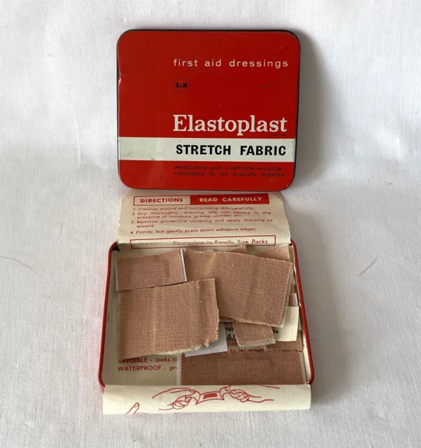 Vintage ELASTOPLAST Stretch Fabric First Aid Dressings Plasters Tin + Contents