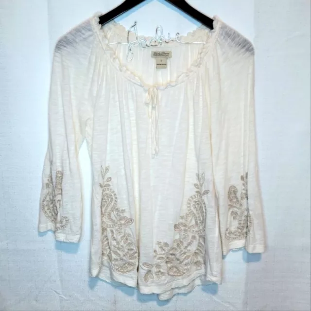 Lucky Brand Embroidered 3/4 Sleeve Boho Top Size Small