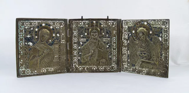 Antique Russian Triptych Traveling Icon Brass Enamel 19th  century