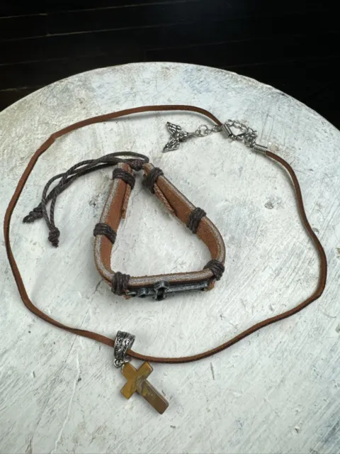 Leather Cross Necklace Bracelet Stone Pendant Clasp Closure Christian Brown Set