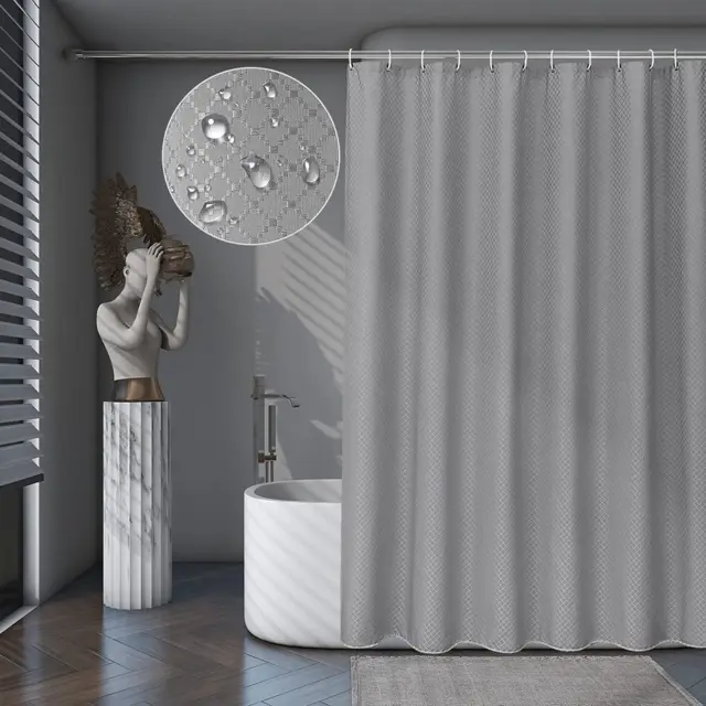 Grey Shower Curtain 75 Inch Long, Weighted Fabric Waffle Shower Curtains for Bat