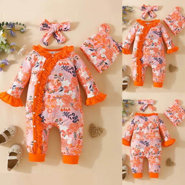 Baby Mädchen Blumen Rüschen Strampler Hut Haarband Set Langarm Overall Outfit DE