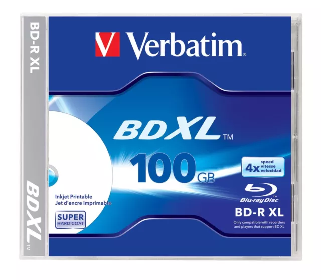 Verbatim BDXL 100GB 4X White Inkjet Printable, Hub Printable - 1pk Jewel Case, 4