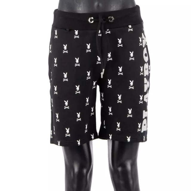 PHILIPP PLEIN x PLAYBOY Strass Bunny Skull Jogging Shorts Schwarz Weiß 08476