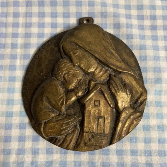 Grande Médaille Pendentif Notre Dame Du Foyer Vierge Et L’enfant Bronze?