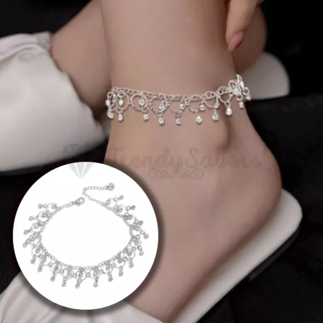 Sterling Silver Plated CZ Crystal Tassel Anklet Ankle Adjustable Foot Bracelet