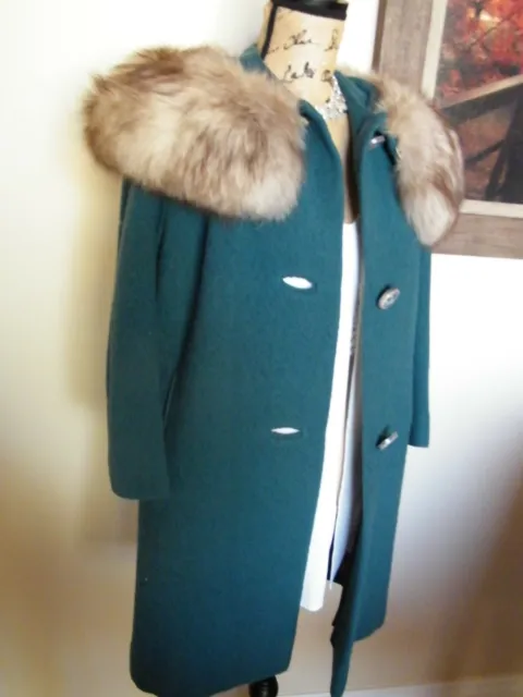 WOOL TEAL BLUE Jacket w Plush FOX FUR Collar Swing COAT Parka Vintage ...