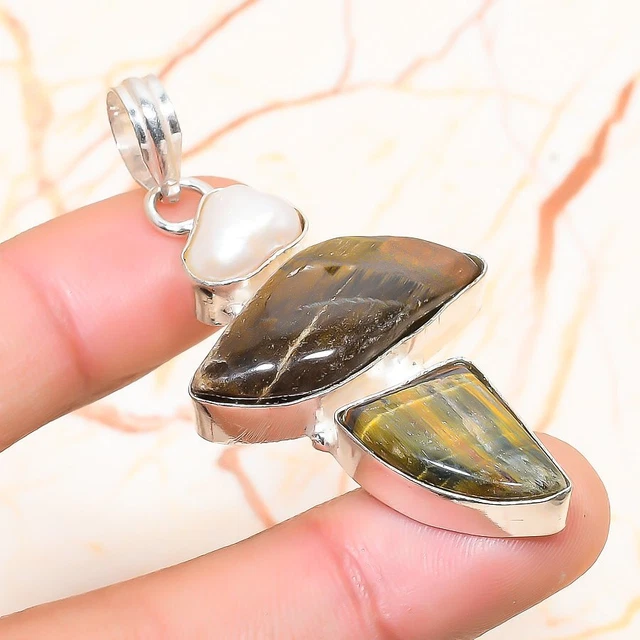 Tiger Eye, Pearl Gemstone Handmade Gift Jewelry Pendant 2.17" o627