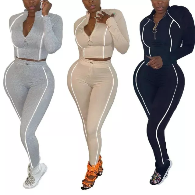 Autumn Women 2 Piece Set Zipper Top Elastic Waist Pants Stretch Bodycon Outfit