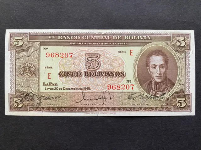 BOLIVIA, 1945, Billete Banco Central de Bolivia, CINCO BOLIVIANOS, Serie E, Unc