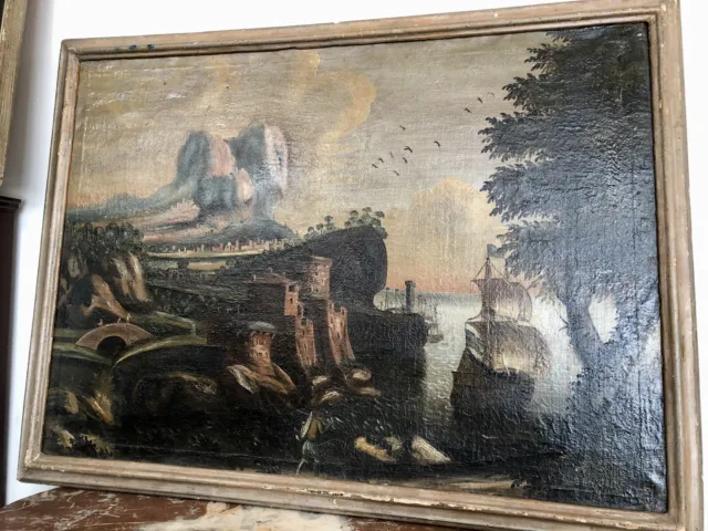 Dipinto Antico Olio Su Tela Xvii Sec. Scuola Veneta Paesaggio Marina