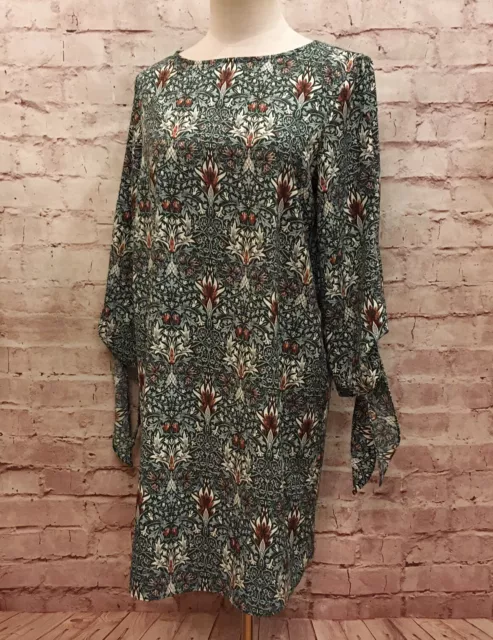 Morris & Co x H&M Womens Green Floral Print Shift Dress Tie Sleeve - US Size 6