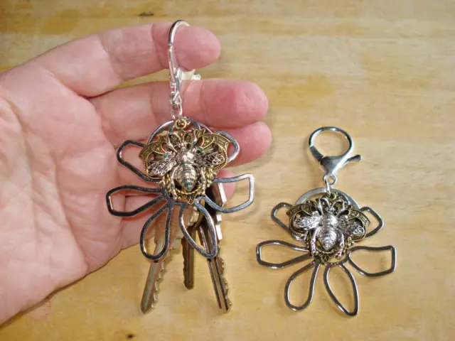 3 1/2" Dangle Queen Bee Brass, Silver & Flower Key Ring for Keys Charm Key Ring