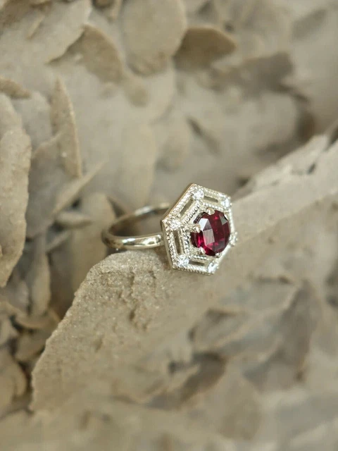 14K White  Gold Plated 2CT  Round Cut Simulated Garnet Halo  Engagement Ring