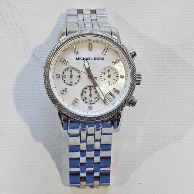 Michael Kors Ritz Chronograph Watch Women 37mm Silver Tone Needs Battery