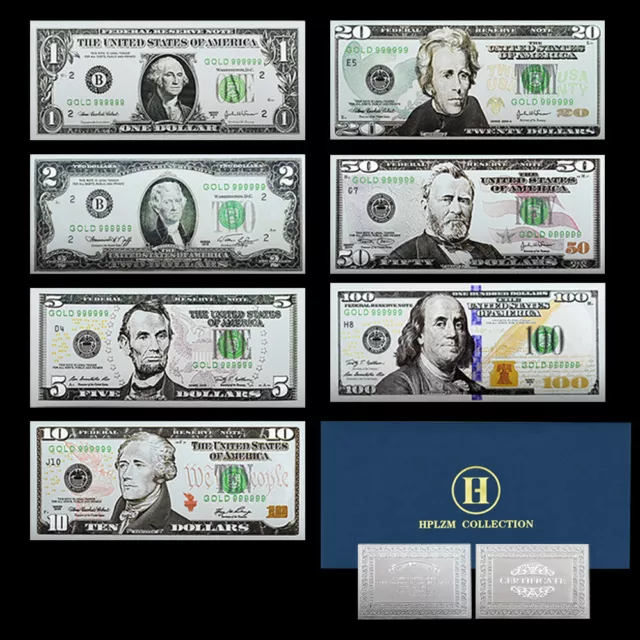 Real Gold Banknote Set USD 1000/100/50/20/10/5/2/1 Notes