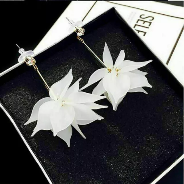 Flower Elegant Dangle Ear White Crystal Earrings Drop Women Long Stud Jewelry