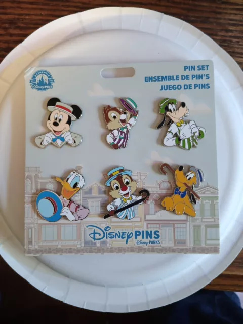 2024 Disney Parks Dapper Dan Booster 6 Pin Set OE Mickey Chip Dale Pluto Donald