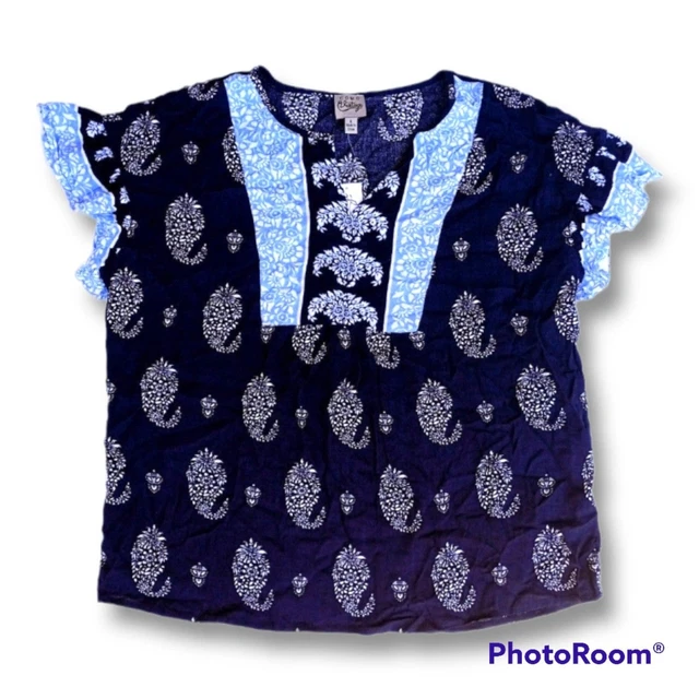Como Vintage Navy Paisley AOP Smock Blouse- Large - Flutter Sleeves-Boho-NEW