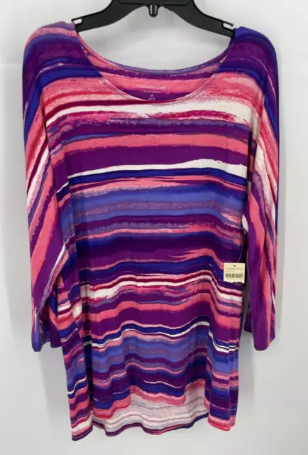Coldwater Creek Topo Womens Medium Pink Purple Watercolor Stripe Scoop Neck