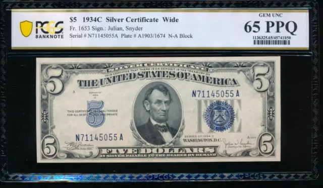 AC 1934C $5 Silver Certificate PCGS 65 PPQ N-A block Wide Face Fr 1653
