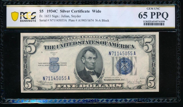 AC 1934C $5 Silver Certificate PCGS 65 PPQ N-A block Wide Face Fr 1653