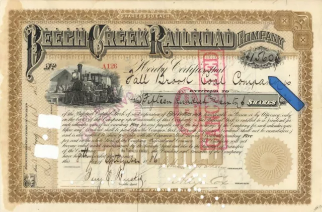 Beech Creek Railroad Co. - High Denomination Stock Certificate - Railroad Stocks