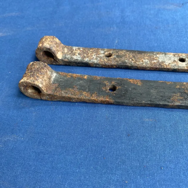 Pair Antique Hand Forged Iron Barn Door Strap Hinges 18 1/8 & 17 7/8" 2