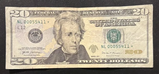 $20 Dollar Bill Star Note LOW SERIAL NUMBER 2017 Circulated 00055411