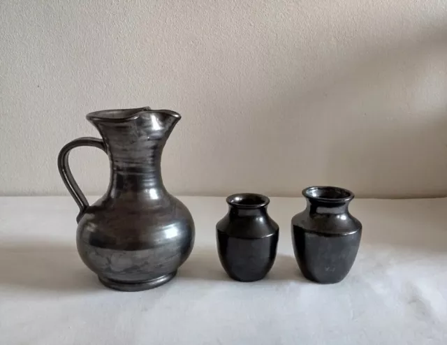 Prinknash Pottery Black Jug And Vases Lot