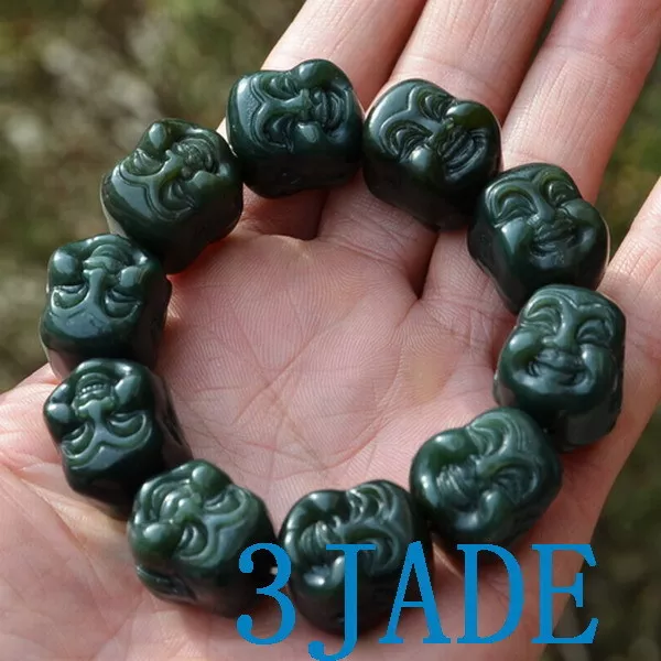 Natural Green Nephrite Jade Two-Face Carved Buddha Beads Bracelet