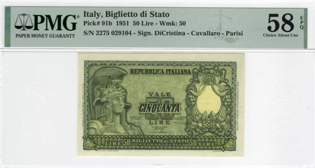 1951 ITALY 50 LIRE 91b PMG 58 EPQ #321-25