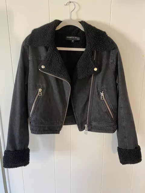 VERONICA BEARD Women's Biker Denim Jacket Sz S Black Sherpa $598