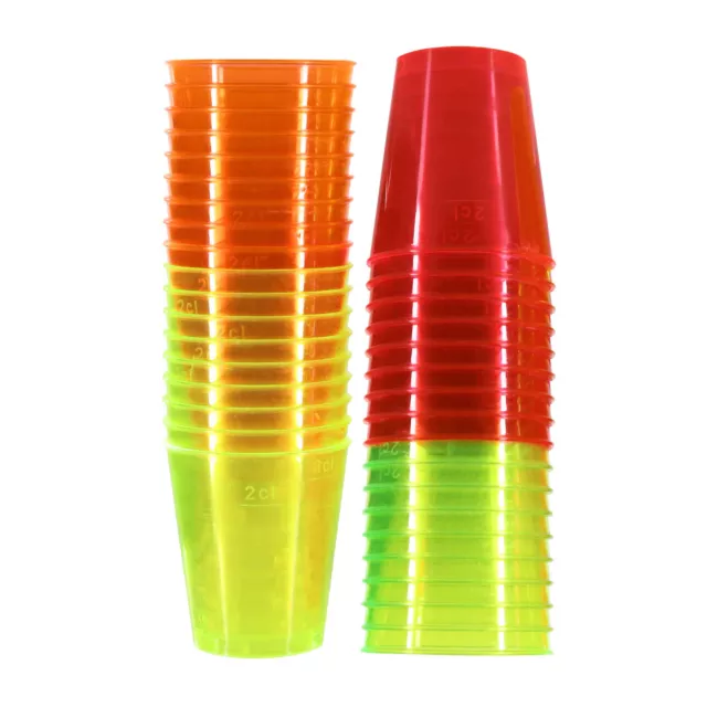 36 x Neon Shot Glasses Plastic Marked 3cl 30ml Bright Colour Jelly Disposable