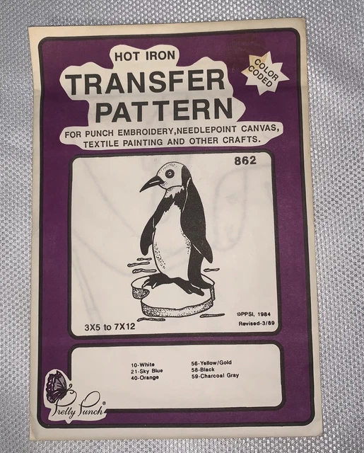 C2 '89 Bonito Punzón Bordado Hierro Patrón De Transferencia Codificado Por Colores 862 Pingüino