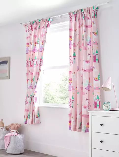 Unicorn Princess Childrens Curtains Bedroom Magic Fairy Girls Kids Pair Tieback