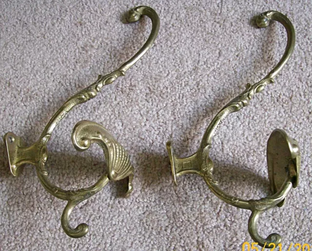 2 Large Vintage Brass Wall Coat Hat Rack Hooks Antique Victorian Style PAIR