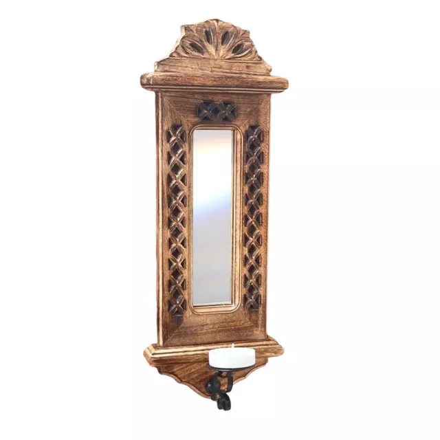 Wooden wall mirror with candle sconce | Wall mounted candle holder