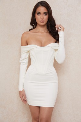 HOUSE OF CB 'Arista' Ivory Satin Corset Mini Dress/Size S US 4-6/JP1241