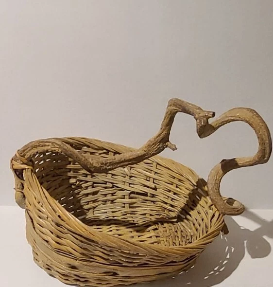 Vintage Rustic Farmhouse Wicker Basket with Grapevine Handle and Palm Wrap