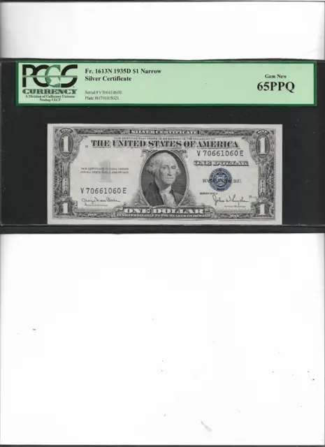 Narrow  Silver Certificate  Fr. 1613N 1935D $1 Gem New 65Ppq