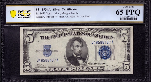 1934 A $5 Silver Certificate Note Currency Fr.1651 Ja Block Pcgs B Gem 65 Ppq
