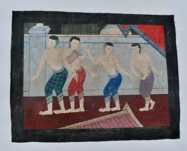 Antique Painting of Traditional Thai Men & Woman on Cotton Canvas from Thailand