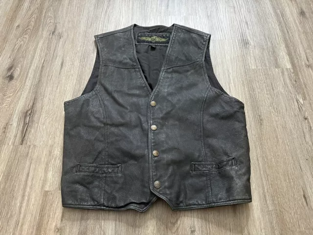 Vintage Men's Structure Genuine Leather Black Motorcycle Vest Size XL