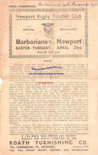 Newport v Barbarians 23 Apr 1946 RUGBY PROGRAMME
