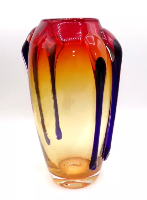 Art Nouveau Bohemian Trailed Tadpole Glass Vase Red Amber Blue Hand Blown 8"