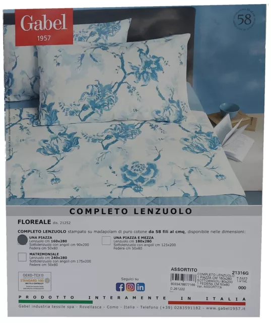 Offerta Lenzuola Letto Singolo 1 Posto E Mezzo Cotone 100% 58 Fili Gabel