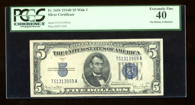 DBR 1934-D $5 Silver Fr. 1654Wi Wide I TA Block PCGS XF-40 Serial T51313959A
