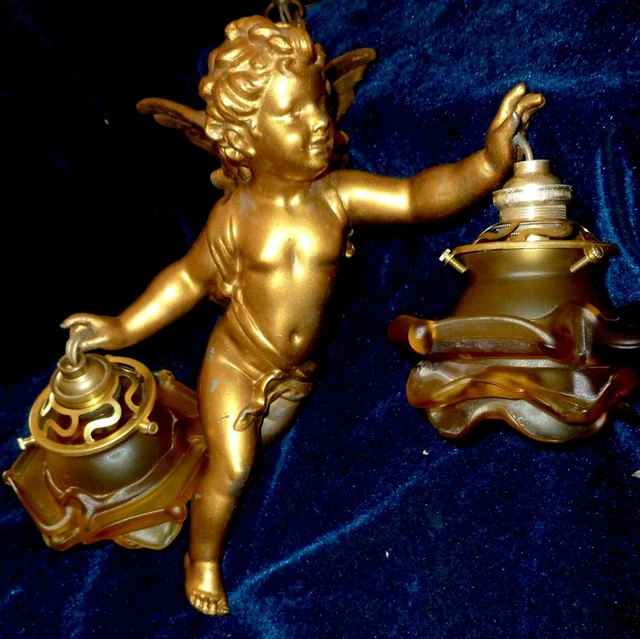 French Antique Chandelier Winged Angel Cherub with Two Satin Yellow Rose Shades